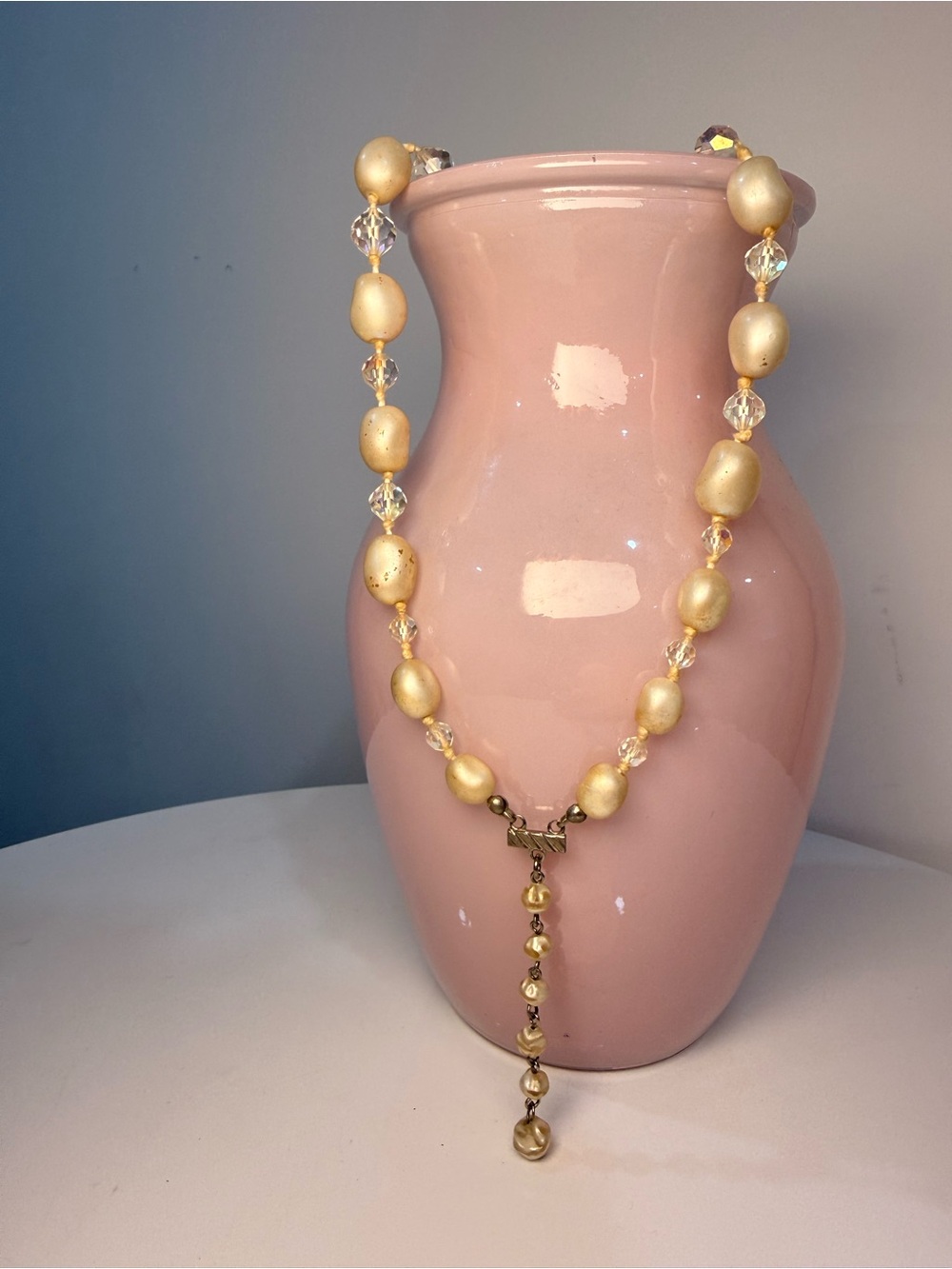 Vintage Gold Beaded Necklace with Crystal Accents
